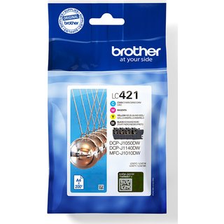 Brother LC-421VAL. Cartridge capacity: Standard Yield Supply type: Multi pack Colour ink page yield: 200 pages Printing colours: Black Cyan Magenta Yellow Quantity per pack: 4 pc(s) Black ink page yield: 200 pages