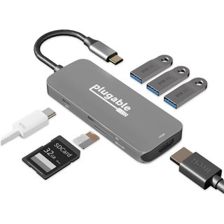 Plugable Technologies USB-C Hub 7-in-1, Driverless USB C Hub Compatible with Mac, Windows, Chromebook, USB4, Thunderbolt 4, and More (4K HDMI, 3 USB 3.0, SD & microSD Card Reader, 100W Charging)