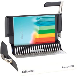 Fellowes Pulsar+ 300. Method of control: Manual Binding capacity: 300 sheets Punch capacity: 17 sheets. Width: 368.3 mm Depth: 449.3 mm Height: 130.2 mm