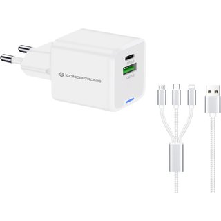 Conceptronic 2-Port 33W GaN USB PD Charger with 3-in-1 Charging Cable.