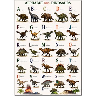 Alphabet with Dinosaurs Poster A3 | ABC Learning Chart for Kids | Educational, Bedroom & Classroom Wall Art