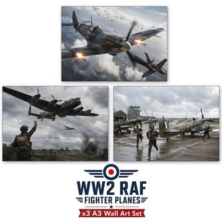 WW2 RAF Fighter Planes x3 A3 Poster Set | Spitfire in action Wall Art Set