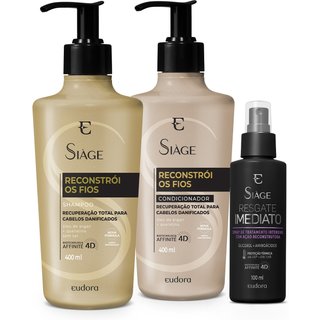 Combo Siàge: Shampoo Reconstrói os Fios 400ml + Condicionador Reconstrói os Fios 400ml + Leave-in Resgate Imediato 100ml