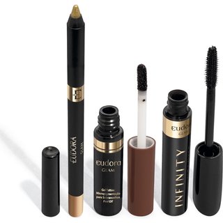 Combo Eudora Glam: Máscara Para Cílios 9g + Gel Tatoo Para Sobrancelhas Médio Escuro 4g + Lápis Gel Para Olhos Dourado 1,2g
