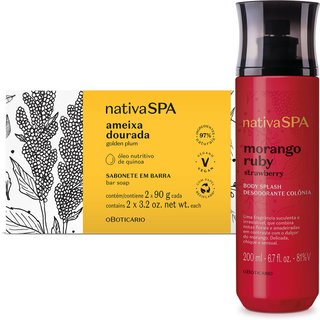 Combo Presente Nativa SPA: Body Splash Morango Ruby 200ml + Sabonete em Barra Ameixa Dourada 2x90g
