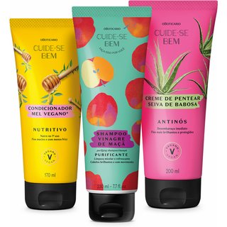 Combo Cuide-se Bem Feira Misturinha: Shampoo Vinagre de Maçã 230ml + Condicionador Mel Vegano 170ml + Creme de Pentear Seiva de Babosa 200ml
