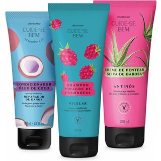 Combo Cuide-se Bem Feira Misturinha: Shampoo Vinagre de Framboesa 230ml + Condicionador Óleo de Coco 170ml + Creme de Pentear Seiva de Babosa 200ml