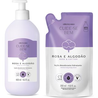 Combo Cuide-se Bem Rosa e Algodão: Loção Hidratante Corporal 400ml + Refil 350ml