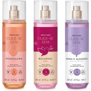 Combo Body Splash Cuide-se Bem: Pessegura 200ml + Beijinho 200ml + Rosa e Algodão 200ml
