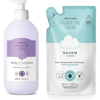 Combo Cuide-se Bem: Loção Corporal Rosa e Algodão 400ml + Refil Nuvem 350ml
