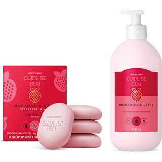 Combo Cuide-se Bem Morango e Leite: Loção Corporal 400ml + Sabonetes em Barra 4x80g