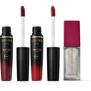 Combo Batons Cherry Cola: Bordô Intenso Glam 4g + Vermelho Radiante Glam 4g + Gloss Crystal Holográfico Moon Stone Niina Secrets 7ml