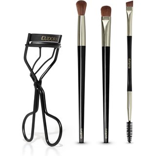 Combo Eudora Olhos: Pincel Chanfrado para Delinear + Pincel para Depositar Sombra + Pincel para Esfumar Sombra + Curvador de Cílios Aço Carbono