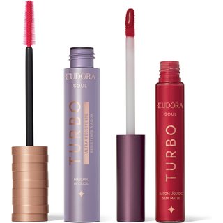 Combo SOUL Turbo: Máscara Cílios Ultra Resistente 10g + Batom Líquido Vermelho Turbinado Semi Mate 5ml