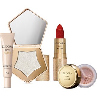 Combo Glam Paetê: Iluminador Multifuncional 5g + Glitter Multifuncional Rosê 1g + Sombra & Primer 7ml + Batom Cremoso Vermelho 3g