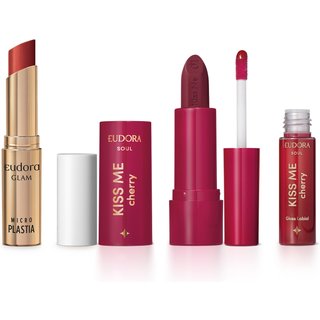 Combo Batom Cherry Microplastia: Batom Glam Microplastia Vermelho Ruby 3,3g Batom Hidratante Kiss Me Cherry Cereja Divina 3,7g + Gloss Labial Kiss Me Cherry 5,5ml