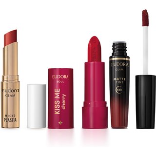 Combo Batom Kiss Me Glam: Glam Microplastia Vermelho Ruby 3,3g + Glam Mate Tint Bordô Intenso 4ml + Kiss Me Mate Cherry Vermelho Viciante 3,7g