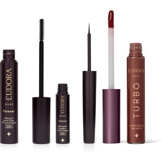 Combo Eudora Make: Batom Líquido Rosa Pink Turbinado 5ml + Máscara Cílios Forever 8g + Delineador Líquido Forever 3ml