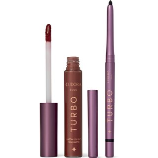 Combo Eudora Make: Batom Líquido Marrom Turbo Soul 5ml + Lapiseira Retrátil Para Olhos Preta Turbo Soul 350mg