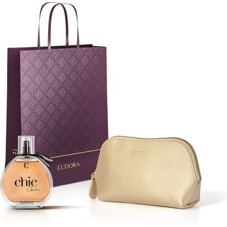 Combo Desodorante Colônia Chic Chérie 95ml + Nécessaire Dourado Arredondado Eudora Collection + Sacola