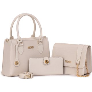 Kit Bolsa Feminina De Mão + Bolsa Pequena Alça Correta e Carteira Bege Selten