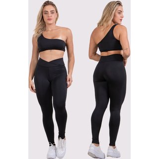 Conjunto Calça Legging Transpassada Suplex Lisa+Top Uma Alça Academia Fitness Preto