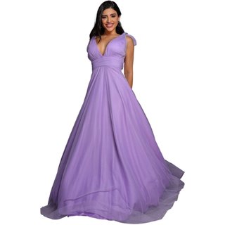 Vestido Longo de Festa Micro Tule com Brilho Madrinhas Decote em V Greice Lavanda Lilás