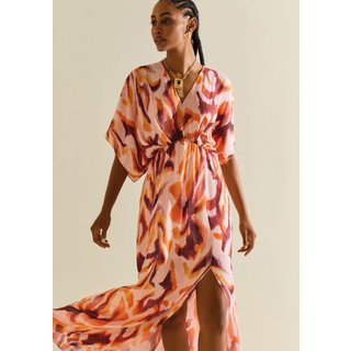 Vestido Morena Rosa Solto Decote V Manga Curta Midi Rosa
