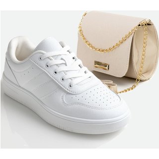 Kit Tênis Feminino Branco Sneaker Liso Chunky Com Bolsa Off-White Atemporal
