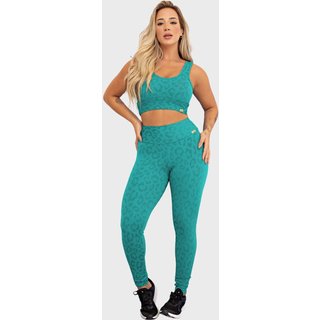 Conjunto Fitness Tarelles Top Calça Legging Textura Onça Verde Turquesa