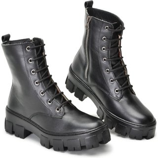 Coturno Feminino Tratorado de Couro Cano Médio Conforto Off White 33 Preto