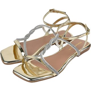 Sandália Rasteira Feminina Donatella Bico Quadrado Brilho Strass Metalizado Trança Novo Ouro Light