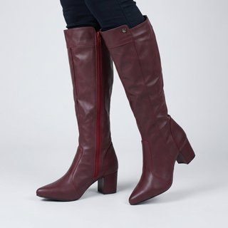 Bota Feminina Montaria Lirom Cano Alto Salto Grosso Bico Fino Vinho Bordô