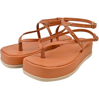 Sandalia Feminina Plataforma Donatella Shoes Confortável Chinelo de Dedo Rebite Tacha Fivela Caramelo