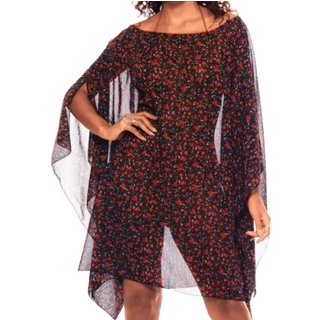 Saída Vestido Kaftan Amplo Crepe Floral Vermelho Fundo Preto