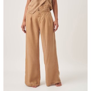 Calça Jeans Color Leve Wide Leg Pregas Caqui Kraft