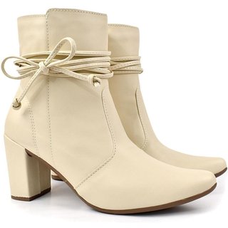 Bota bico fino salto fashion confortável de amarrar OLZZY Off White
