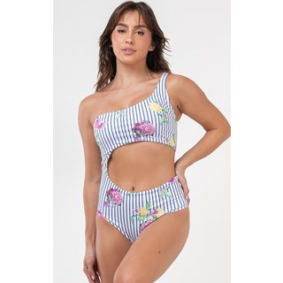 Maiô Feminino Mood Modas Um Ombro Só Estampado Mood Praia Verão Pôr do Sol 366 Branco