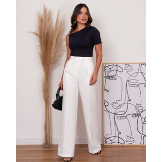 Calça MOS Pantalona Social de Alfaiataria com Cintura Alta Forrada Off White Branco