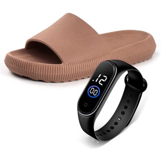 Chinelo Feminino Nuvem Slide Com Relógio Confortável Anatômico Macio Moderno Antiderrapante Marrom