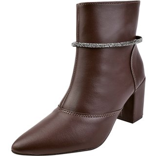 Bota Feminina Bico Fino Salto Zíper Inverno Enfeite Removível Brilho Strass