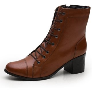 Bota Feminina Em Couro Rangali Com Zíper e Amarração Caramelo