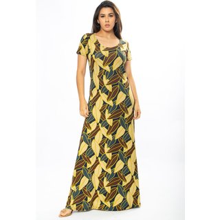 Vestido Longo Cabanafree Malha Gola Canoa Manga Curta Estampa Folhas de Outono