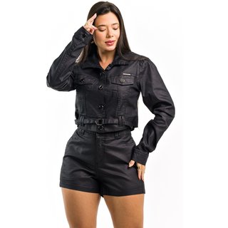 Conjunto Restrito Jeans Jaqueta e Short Resinado - PRETO