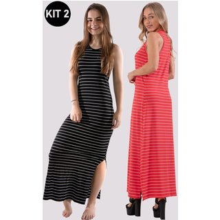 Kit 2 Vestidos Longo 4 Estações Listrado Verão Preto/Vermelho