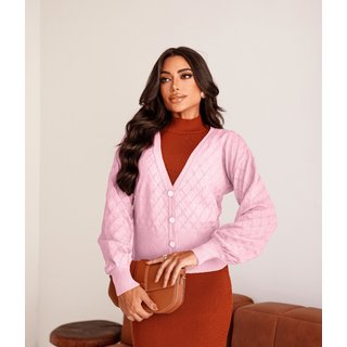 Casaco Cherry Line Botão Manga Longa Tricô Textura Rosa Claro