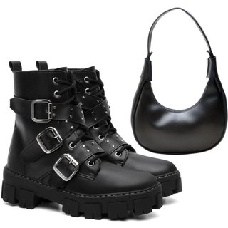 Kit Bota Coturno Feminino Anna Andrade Casual Tratorado Cano Baixo Fivelas Tendência e Bolsa Preto