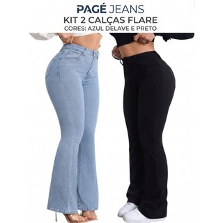 Kit 2 Calças Flare Estilo Gringa Niha Jeans Casual e Confortavel Azul Delavê e Preto