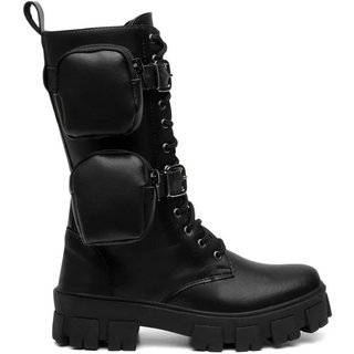 Coturno Feminino Tratorado Anna Andrade Cano Alto Casual Militar Bag Tendência Preto