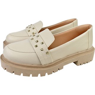 Sapato Feminino Mocassim Tratorado Donatella Shoes Bico Redondo Confort Tacha Spike Off White